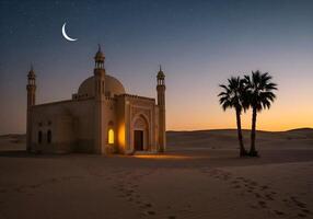 A peaceful desert scene, with mosque view at dusk and crescent in Holy Ramadan month 05 photo