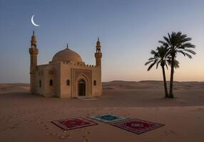 A peaceful desert scene, with mosque view at dusk and crescent in Holy Ramadan month 02 photo