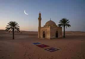 A peaceful desert scene, with mosque view at dusk and crescent in Holy Ramadan month photo