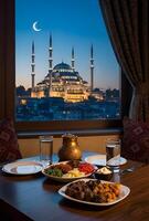 A peaceful iftar table, with mosque view at dusk and crescent in Holy Ramadan month 04 photo