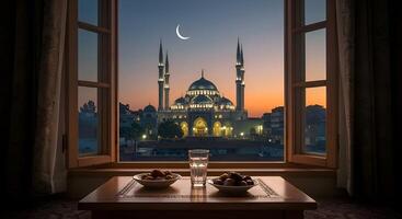 A peaceful iftar table, with mosque view at dusk and crescent in Holy Ramadan month 03 photo