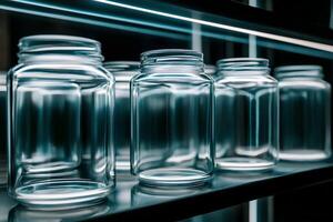 A clean and organized shelf in a laboratory with empty glass jars, showcasing a minimalist and scientific atmosphere photo