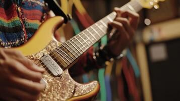 A closeup of a guitarist passionately strumming chords with colorful cables and instrument cases softly blurred in the background capturing the essence of creativity and spontaneit photo