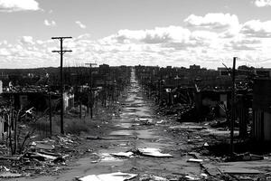 A stark and desolate view of the ruins of an industrial factory, once one of Europe's most polluted towns, showcasing decay, pollution, and environmental devastation photo