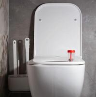 Sterile container with stool test on the toilet bowl in the toilet. Concept for examining stool for dysbacteriosis, microflora, calprotectin. Copy space for text. Pathogenic microflora photo
