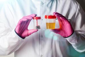 A doctor in pink gloves holds stool and urine tests. The concept of testing for infections and bacteria in urology and gastroenterology, close-up photo