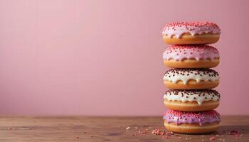 Stack of Colorful Donuts with Various Icing and Sprinkles on Wooden Surface Against Pink Background for Sweet Treat Display photo