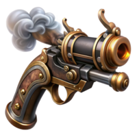 magnificent traditional magnificent classic A detailed illustration of a steampunk pistol, polished brass and dark wood, intricate engravings and gears, smoke curling from the barrel, lit by... png