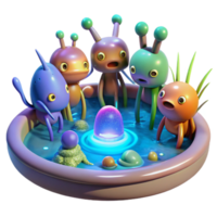 extraordinary creative stunning abstract A group of genetically modified creatures, each with unique and fantastical features, gather around a glowing pool of water on an alien planet.... png