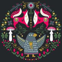 Scandinavian folk art with Crow and Foxes, illustration. Symmetrical ornament with different folk composions on black background vector