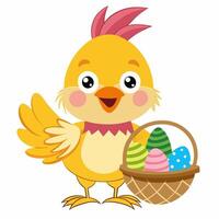 cartoon Easter chick with a basket of Easter eggs. Greeting card Happy Easter for decorative,banner, poster,card. Illustration on white background vector