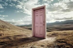 A mysterious wooden door in the middle of an empty desert landscape, symbolizing unknown possibilities and surreal imagination photo