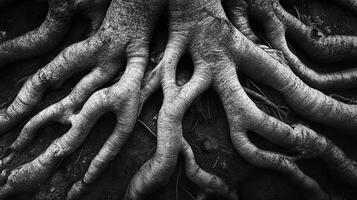 Abstract black and white closeup of large exposed tree roots creating interesting patterns and textures against a dark, earthy background. photo