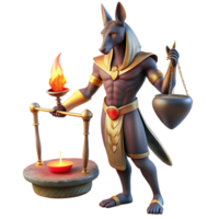 beautiful creative impressive contemporary Anubis weighing a human heart against a feather in the Duat, ancient Egyptian murals style, dim torchlight, eerie atmosphere detailed high resolution png