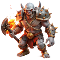 extraordinary traditional elegant vintage A fierce orc chieftain, adorned with warpaint and skulls, wielding a flaming battleaxe, amidst a storm of swirling embers.... png