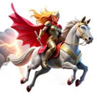 serene creative extraordinary abstract A fierce Valkyrie riding a winged horse through a storm-ridden sky, lightning illuminating her gleaming armor and flowing red cape.... png