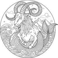 A Capricorn-inspired mandala featuring a mythical sea-goat with intricate horn spirals surrounded by mountain-like geometric structures vector