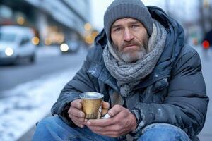 homeless man sitting on the sidewalk with an empty cup photo