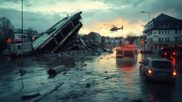 Flooded city with collapsed bridge, strong currents, helicopters rescuing survivors photo