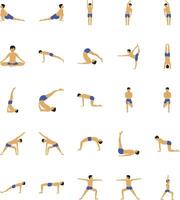 Set of 25 multicolor icons related to stress management.yoga poses set of man in various poses. vector