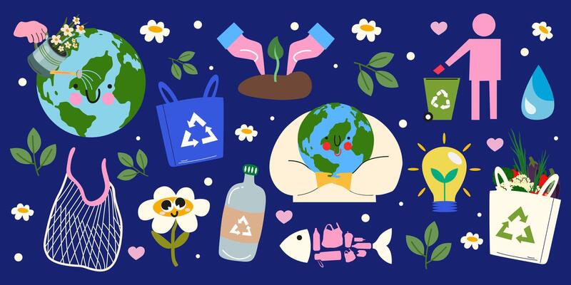 Earth day, eco retro cartoon stickers. Environmental problems and environmental protection, recycling. No plactic, eco bag, zero waste, cruelty free. set elements for patches, poster, banner