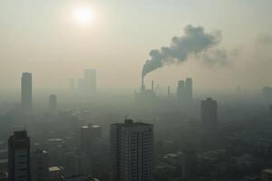 A polluted city with tall buildings and a thick layer of smog, a large plume of smoke rising from a factory, the sun shining dimly through the haze, Scene01 photo