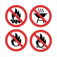 No Fire Allowed Warning Icon Set with Barbecue and Matches vector