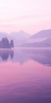 Misty mountains and tranquil lake at dawn under fog photo