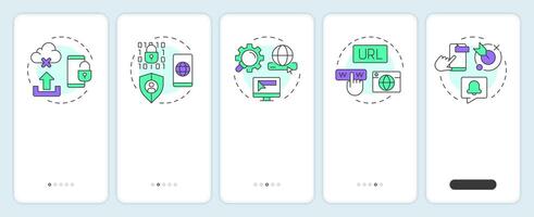 Characteristic of PWAs onboarding mobile app screen. Technology. Walkthrough 5 steps editable graphic instructions with linear concepts. UI, UX, GUI template vector