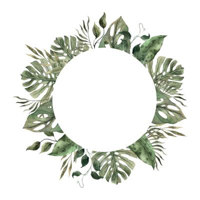 Monstera, banana, calathea, colocasia, vines, philodendron. Watercolor tropical round frame in monochrome style, floral and plant trend. Composition for invitations, cards, packaging design, holidays