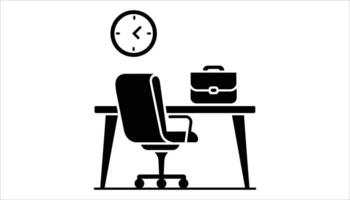 Workspace Icon. Office Desk with Chair, Clock, and Briefcase. vector