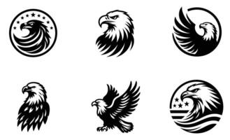 eagle logo collection with bold and fierce hawk head illustrations in black and white for sports team branding, tattoos, and business identity in format vector