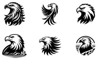 set of eagle and hawk emblem logos with tribal and modern stylized designs in black and white for branding, tattoos, and sports teams in format vector