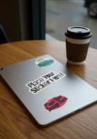 seticker with mockup attached tablet on table psd