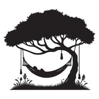 Silhouette of Person Relaxing in Hammock Under Tree Serene Leisure vector