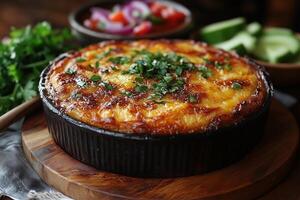 a Chilean pastel de choclo, corn pie, baked to a golden crust, served with a side of fresh salad and traditional chili sauce, in a warm and rustic kitchen setting photo