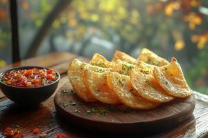 Bolivian saltenas, savory empanadas, with golden flaky crusts, stuffed with spicy meat and vegetables photo