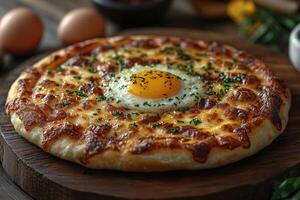 a serving of Georgian khachapuri, oozing with melted cheese and a perfectly cooked egg yolk in the center, presented on a wooden board with soft daylight highlighting the texture photo
