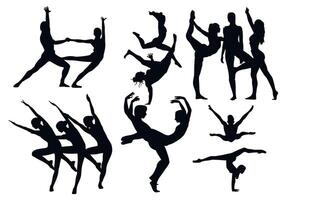 Beautiful set of dancing couples in silhouette black style illustrations isolated on white. Concept of dancing classes, jazz, classic dance. Dancing classes, retro theater performance show party time vector