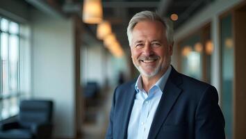 Smiling 50 year old male executive standing in office projecting stability and expert leadership fueling strategic corporate growth concept as Headshot conveys authority reassurin Realistic Set 5 photo