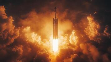 Rocket launches into the sky, surrounded by billowing clouds of smoke and flames, showcasing advanced propulsion technology and aerodynamics. photo