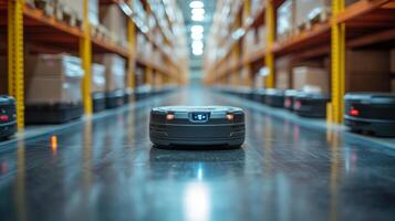 Autonomous robots maneuver through aisles in a modern logistics center, efficiently transporting packages in a well organized warehouse environment. photo