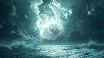 The catastrophic effects of a nuclear blast releasing turmoil across the sea photo