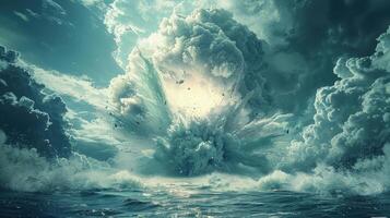Chaos erupts at sea from the overwhelming force of an atomic bomb explosion photo