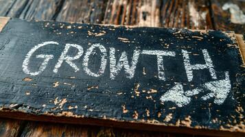A rustic wooden chalkboard sign displaying the word 'Growth' with an arrow, symbolizing progress and development. photo