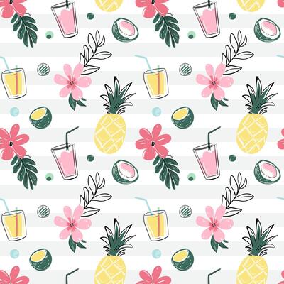 Doodle tropical backckgrounds. Seamless pattern with coconut, drinks, pineapple. Sketch, line art drawing style.