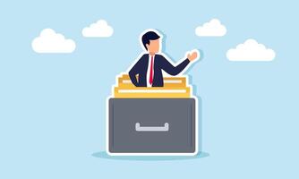 Businessman emerging from a pile of document folders in a drawer, illustration of business document archive vector