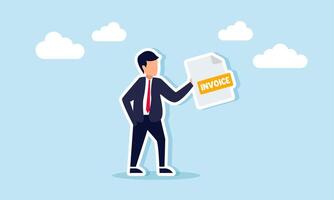 A businessman carries a document labeled INVOICE, illustration of an invoice or bill that must be paid for a business project vector
