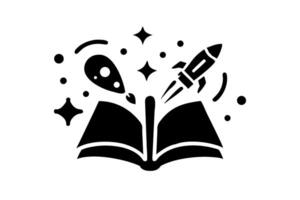 Colorful World Book Day graphic with a space theme featuring a rocket, stars, and planets exploding from an open book vector