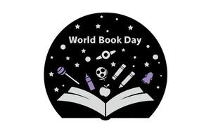 Creative World Book Day design showing an open book with a rocket and celestial elements, symbolizing imagination and adventure vector